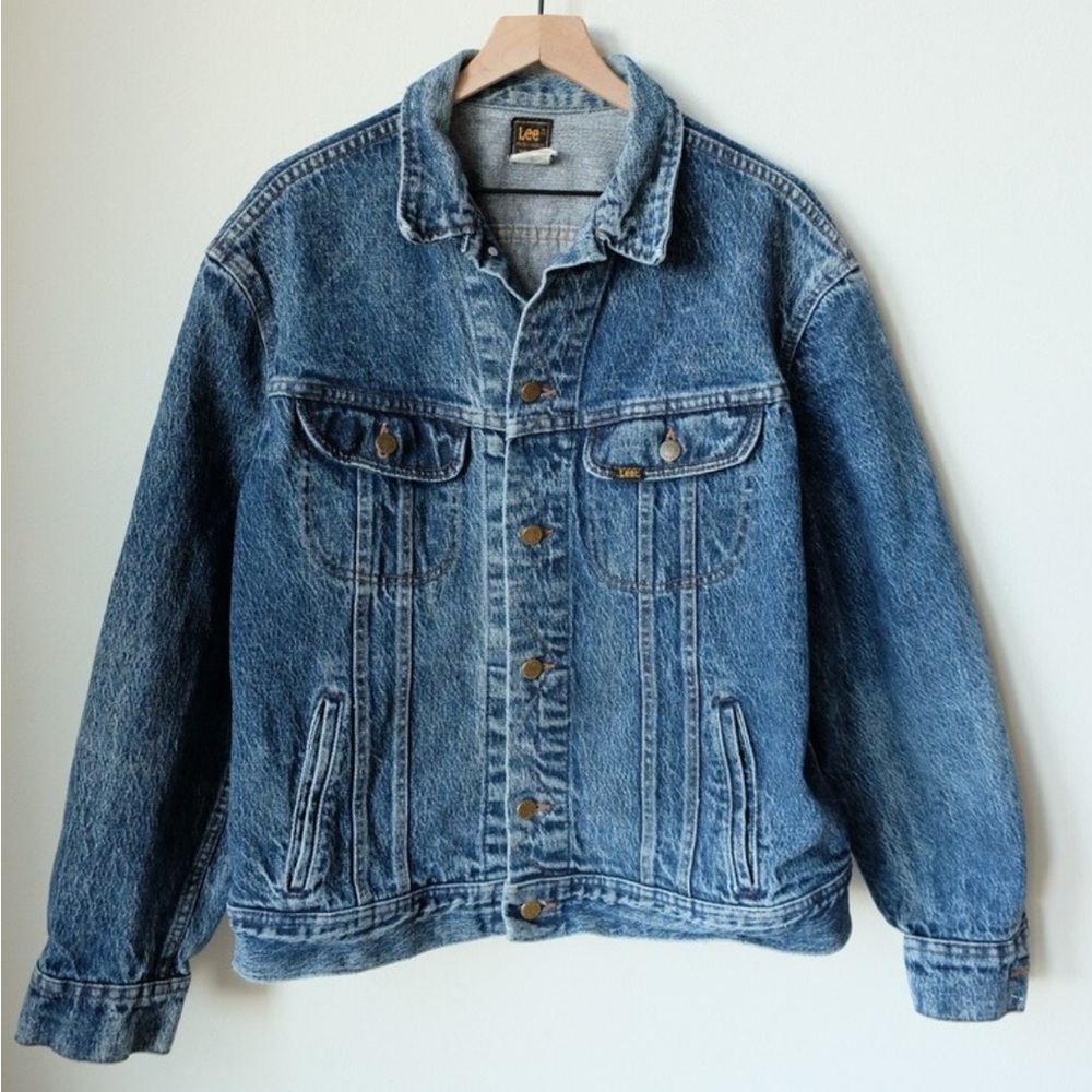 VINTAGE Lee Denim Jacket UNION MADE IN USA Coat Large Trucker Rancher Stone Wash